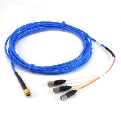 3-coax, 34 awg (7/42), twisted bundle, low noise, pfa cable, 10-ft, 1/4-28 4-socket, shell isolated plug, 200c rated to triple splice assembly with (3) 4.5-in coaxial cables each with a 10-32 plug (eb) for charge triax sensors