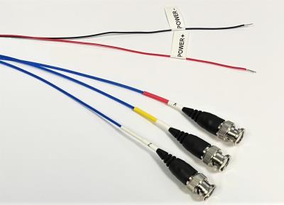 quintuple splice assembly of (3) bnc plugs and (2) pigtails leads wired/labeled (power+, power-) for 3713 series, case isolation not maintained