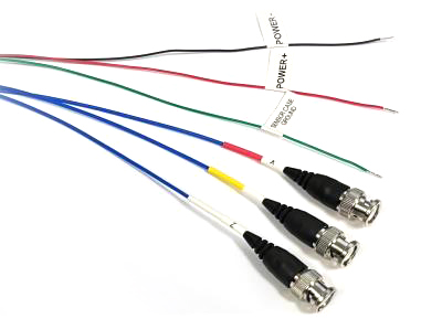 sextuple splice assembly of (3) bnc plugs and (3) pigtails leads wired/labeled (power+, power-, sensor case ground) for 3713 series, maintaining case isolation