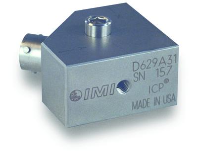 triaxial industrial accelerometer, side exit, 4 pin bayonet connector, 10 mv/g sensitivity (+/-5%), triaxial frequency sweep iso 17025 accredited calibration