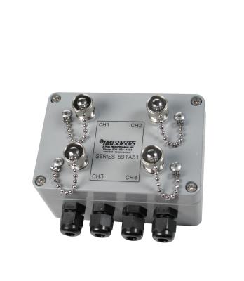 platinum stock products; bnc termination box, 2.95 x 5.27 x 2.16 nema 4x (ip66) fiberglass enc, 4 channels, terminal strip input, bnc jack output, 4 pgme07 cord grips