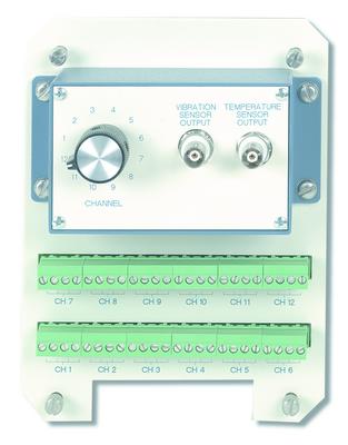 switch box module with switched outputs, 12 channels, terminal strip input, vib & temp jack and two-pin mil connector outputs, for use with models 691b43/44/45/46