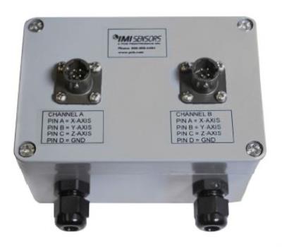 6-channel termination box specifically set up for 2 triaxial accelerometers.  includes two 4-pin mil connectors and two cordgrips.