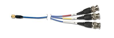 low outgassing, low noise, shielded, fep cable, 10-ft, 1/4-28 4-socket plug to (3) bnc plugs, with fkm heat shrink