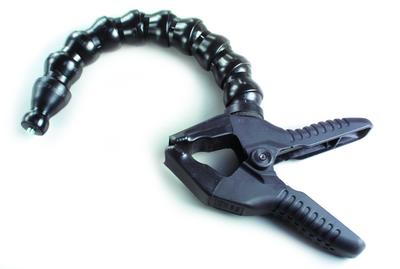 flexible arm with 2 clamp at base and 1/4-20 mounting stud on end. arm segments can be added or removed without the use of tools to lengthen or shorten the arm.