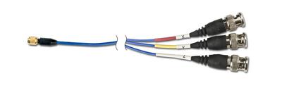 low outgassing, 4-conductor, shielded cable, 20-ft, 4-pin plug to (3) bnc plugs, with fkm heat shrink