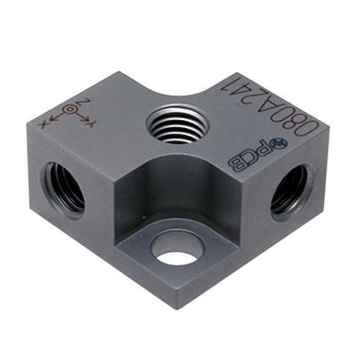 titanium triaxial mounting block thru-hole mounting.  0.45 in x 0.86 in x 0.86 in with 1/4-28 threaded holes, (2) 10-32 mounting screws