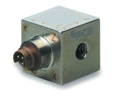 triaxial high temperature (325°f/163°c) icp accelerometer, ±5000 g pk range, 0.4 (10.2 mm) titanium cube, mini 8-36 4-pin connector. includes adhesive mounting base and mating stud.