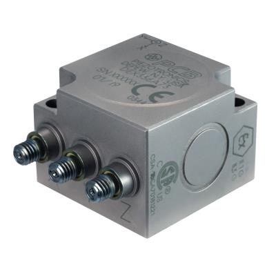 charge output triaxial accel with uht-12™ element for environments to +900f/+482c 3.2 pc/g, 500g measurement range, ±5% frequency range to 4 khz, three 10-32 side conn, case isolated